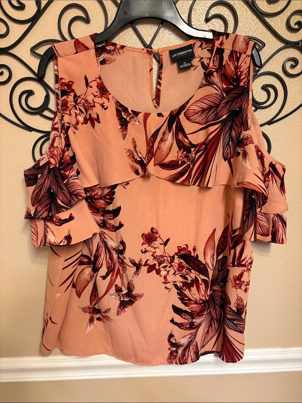 LC Lauren Conrad Peach Floral Cold-Shoulder Ruffle Blouse